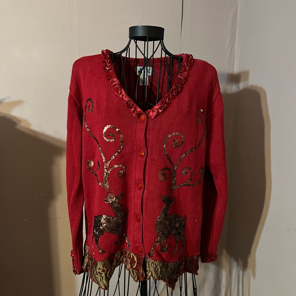 Christmas cardigan sweater with sequin reindeer detail